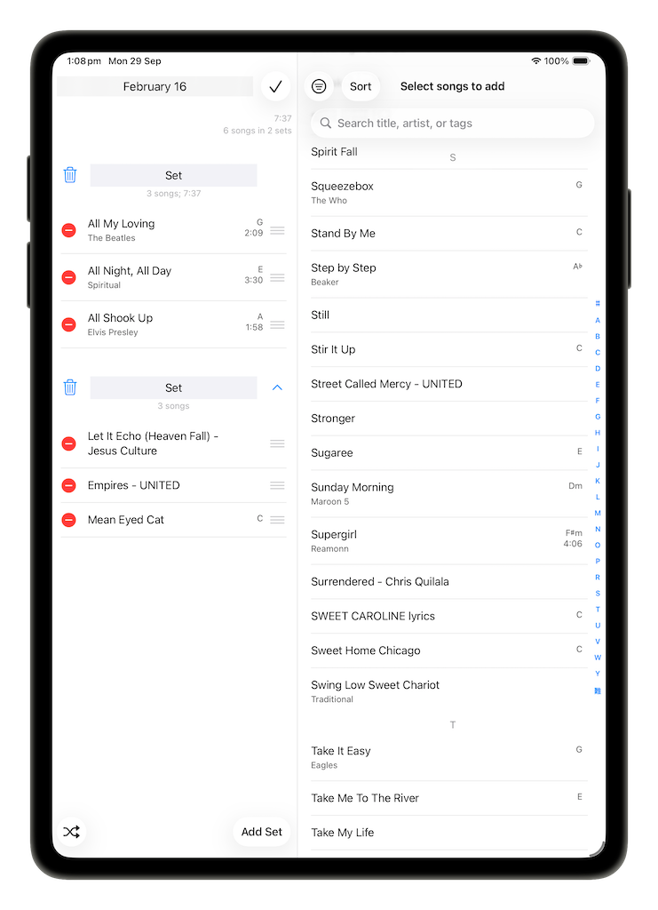 SongSheet Pro set list editing on iPad