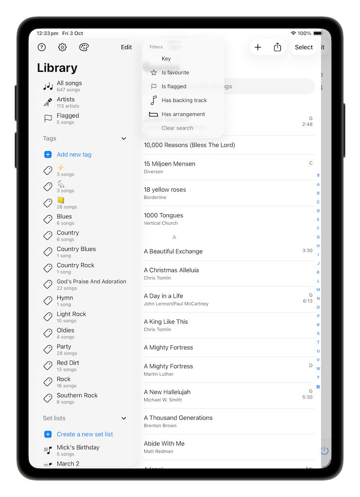 SongSheet Pro filter menu
