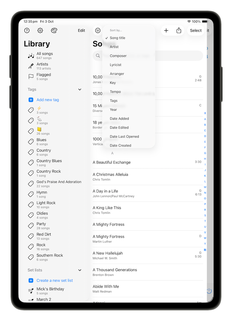 SongSheet Pro sorting menu