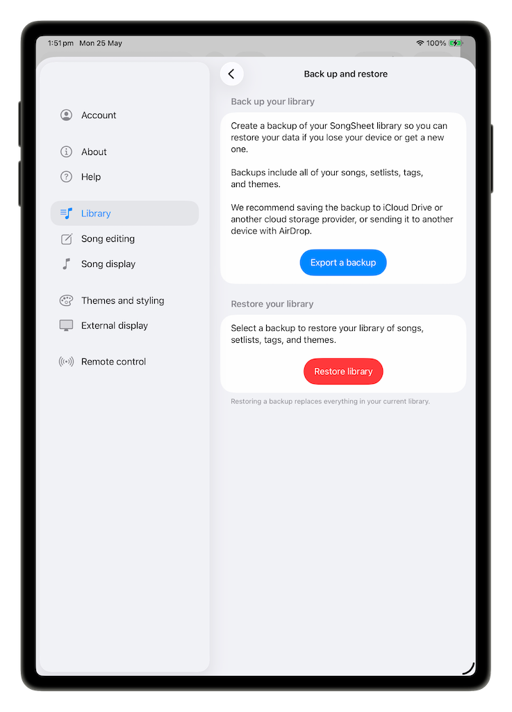 SongSheet Pro's Back up and restore settings