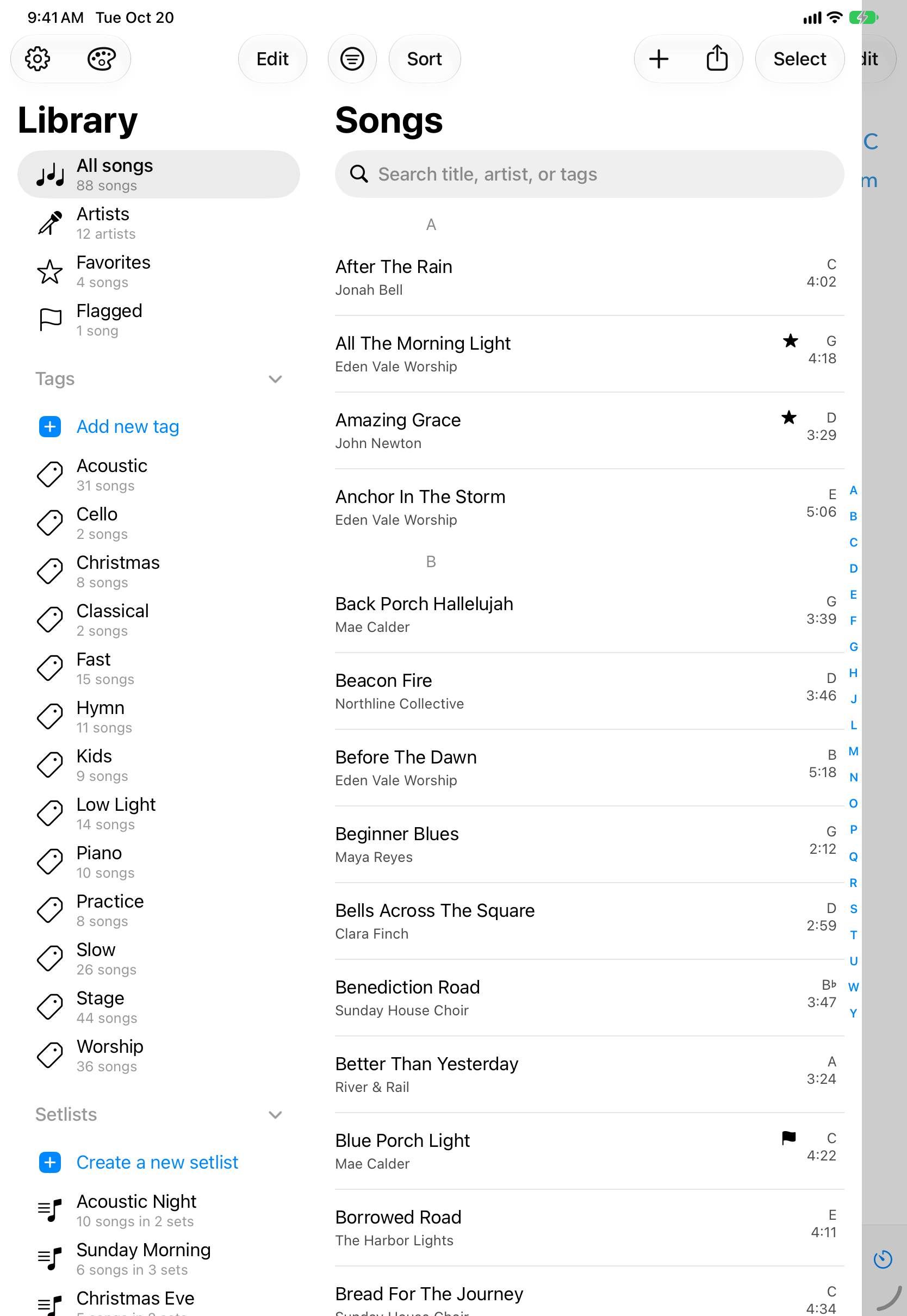 Visualização Biblioteca no iPad com a barra lateral de tags e setlists ao lado da lista de músicas