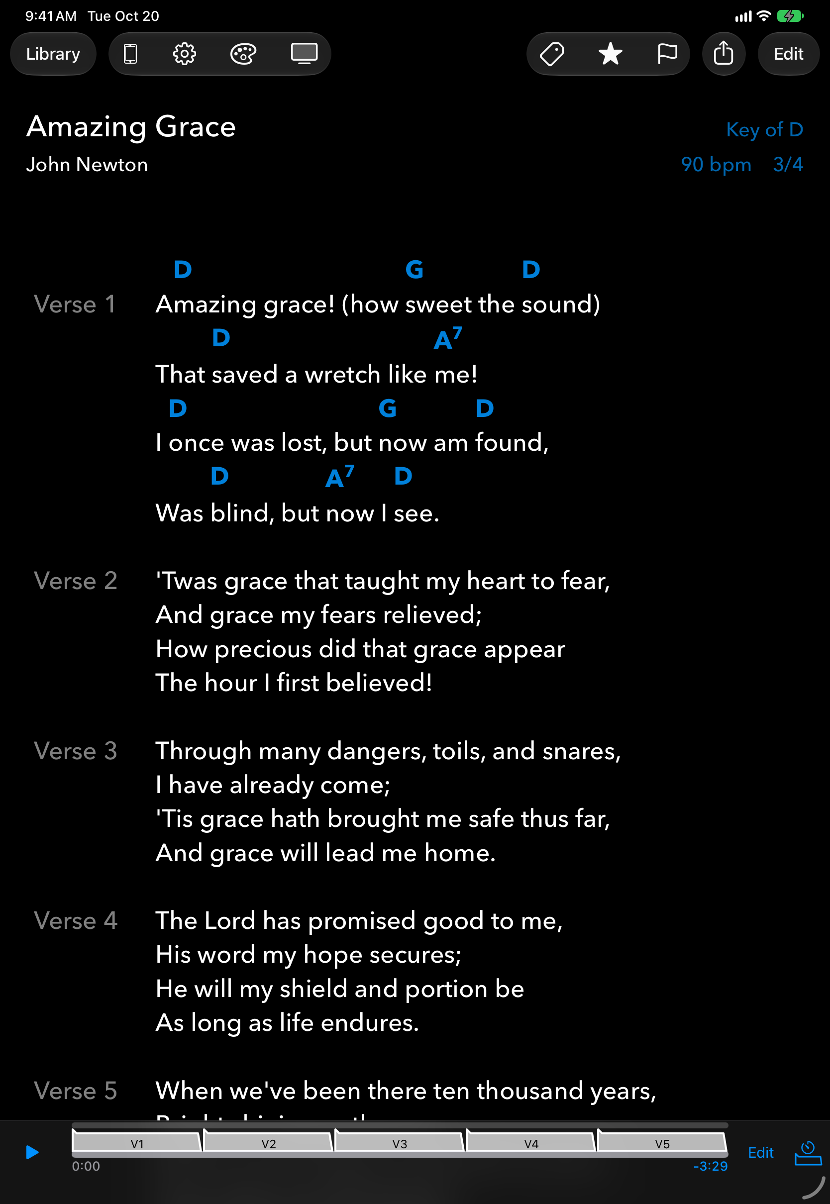 Perform view on iPad showing Amazing Grace in the dark Blackout theme with a stanza timeline
