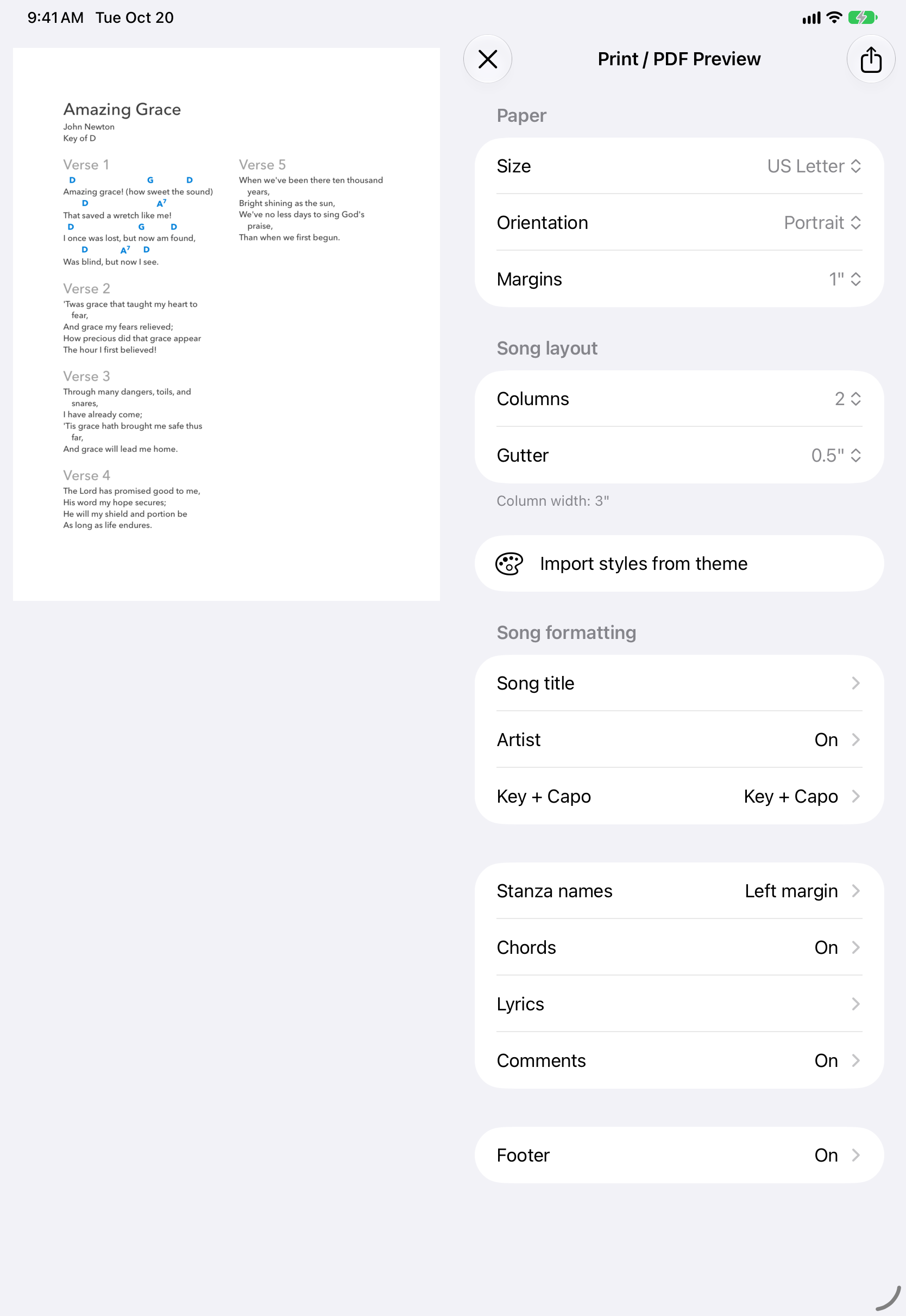 Print / PDF Preview screen with paper, song layout and formatting options beside a page preview