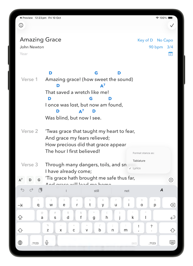 Format as lyrics or tablature