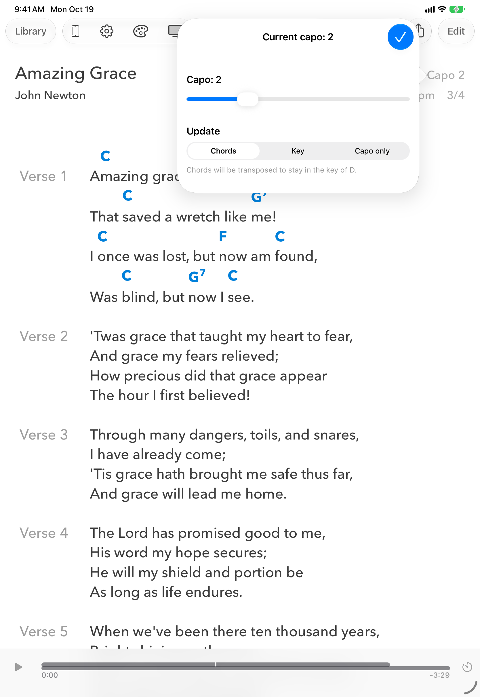 Capo panel open over the song Amazing Grace, showing the Capo slider set to 2 and the Update options Chords, Key and Capo only