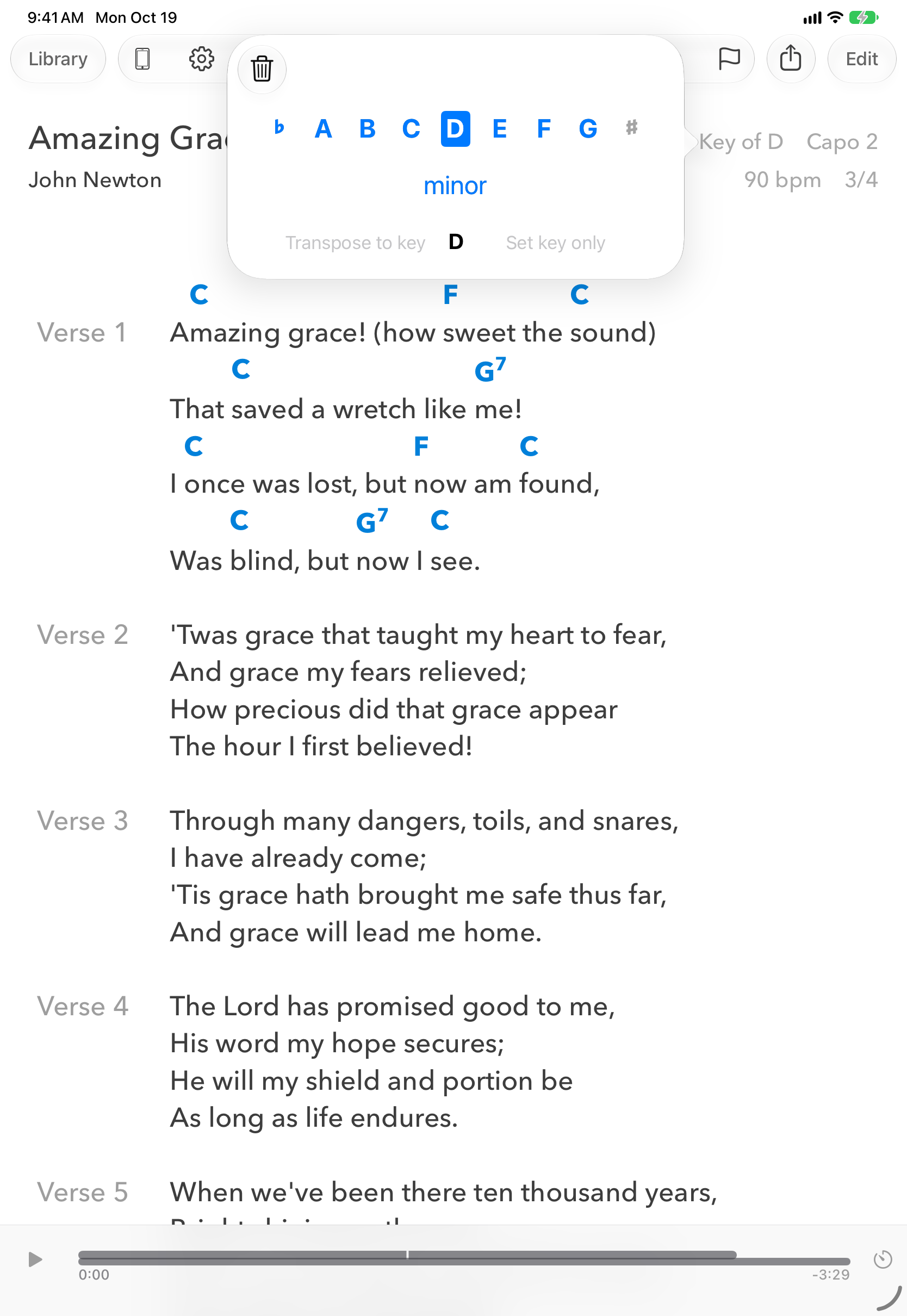 Key editor popover open over the song Amazing Grace, with note buttons from A to G, flat and sharp buttons, D selected, a minor toggle, and Transpose to key and Set key only options