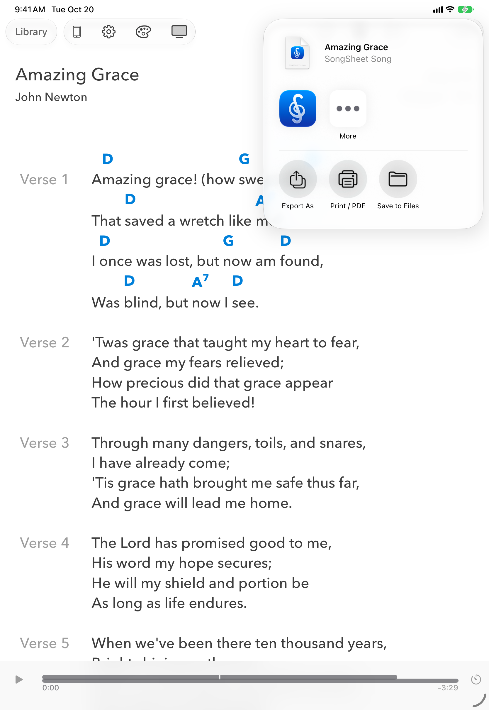 Popover de compartilhamento sobre uma música com opções Exportar Como, Imprimir / PDF e Salvar em Arquivos