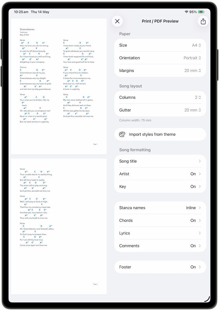 Opções de exportação para PDF de música no SongSheet Pro